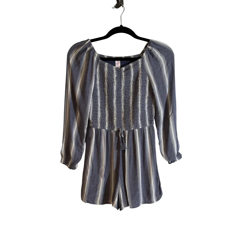 Justice Romper Blue 12 Kids Striped Smocked Long Sleeve Boho Casual Shortie